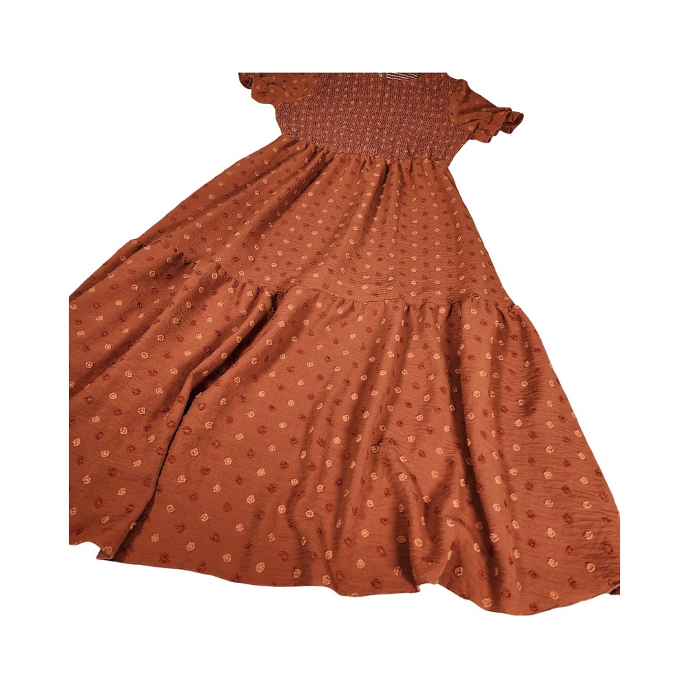 Shein Rust Brown Swiss Dot‎ Smocked Midi Dress Boho Tiered Short Puff Sleeve M 6 - Picture 2 of 11